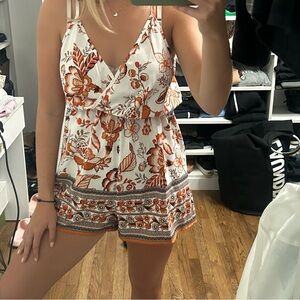 Boho Floral Wrap Jumpsuit - Orange and White